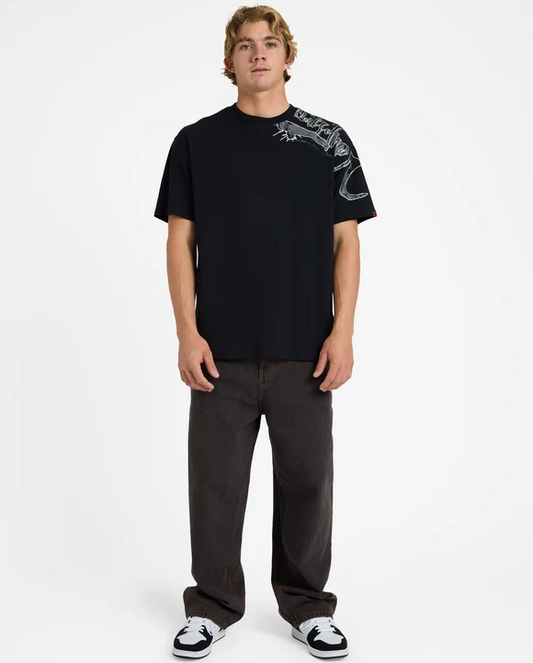 Quiksilver YG Scrawled Tee in black on model in black denim jeans from front