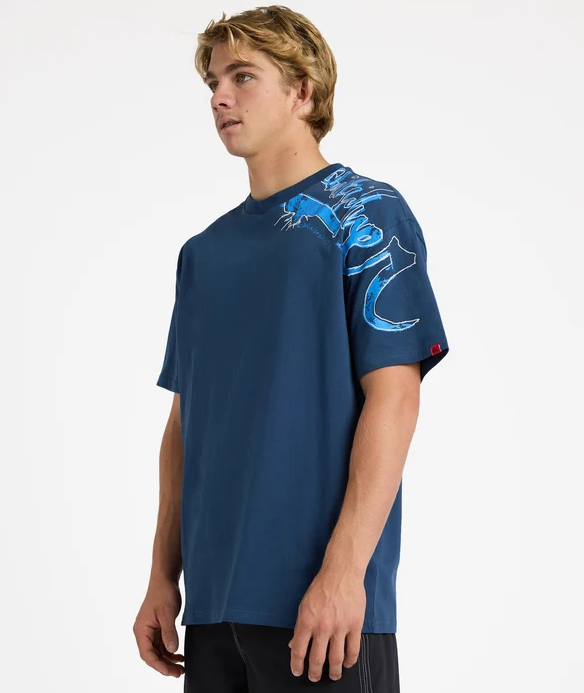 Quiksilver YG Scrawled Tee in dark denim on model from front/side view