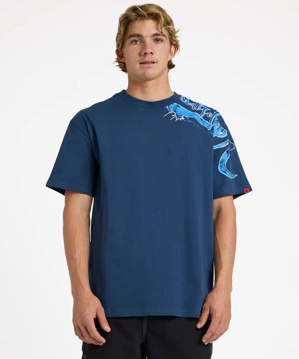 Quiksilver YG Scrawled Tee in dark denim on model from front