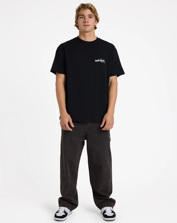 Quiksilver YG Spray Tee in black on model in black jeans from the front
