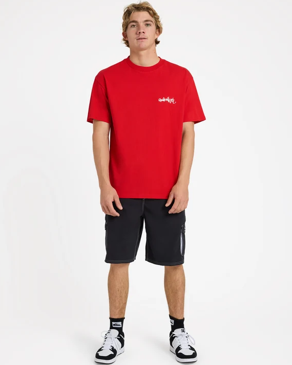 Quiksilver YG Spray Tee in salsa colourway on model from the front full length