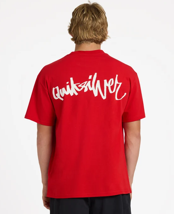 Quiksilver YG Spray Tee in salsa colourway on model from the rear