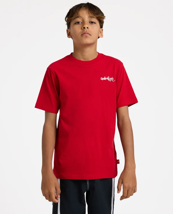 Quiksilver YG Spray Youth T-Shirt in salsa colourway on child model from the front close up