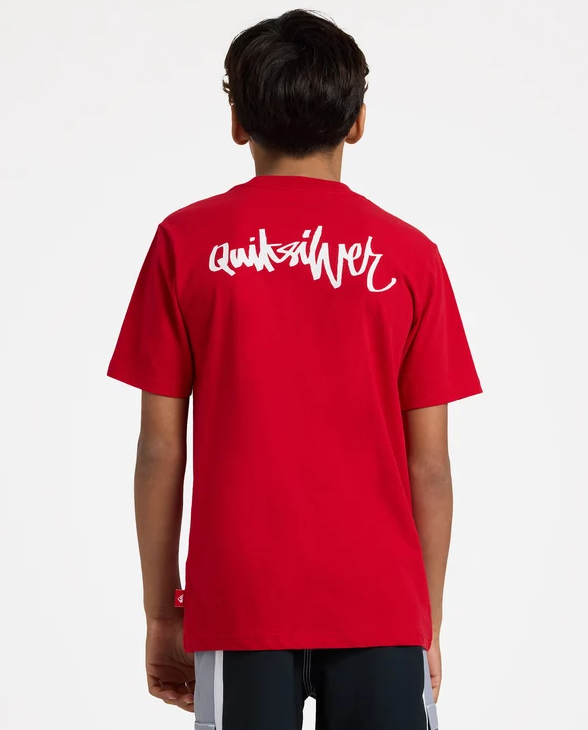 Quiksilver YG Spray Youth T-Shirt in salsa colourway on child model from the rear