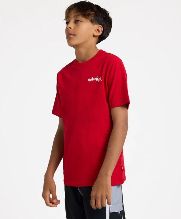 Quiksilver YG Spray Youth T-Shirt in salsa colourway on child model from the side