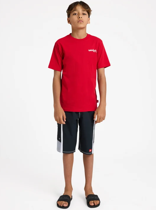 Quiksilver YG Spray Youth T-Shirt in salsa colourway on child model from the front