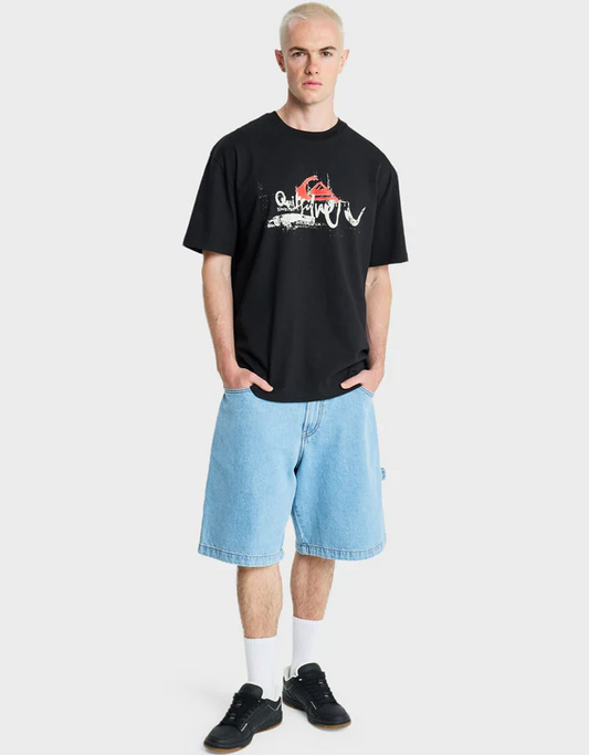 Quiksilver Young Guns Drifter T-Shirt in black on model in blue jorts