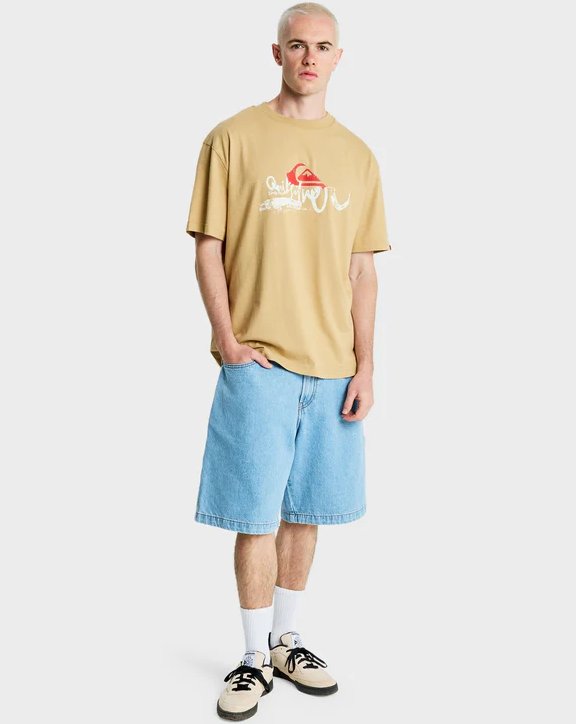 Quiksilver Young Guns Drifter T-Shirt in khaki on model in blue jorts from front