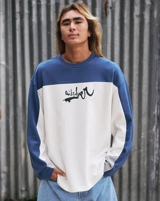 Quiksilver Young Guns Factor Crew in snow white with blue detail on model from front