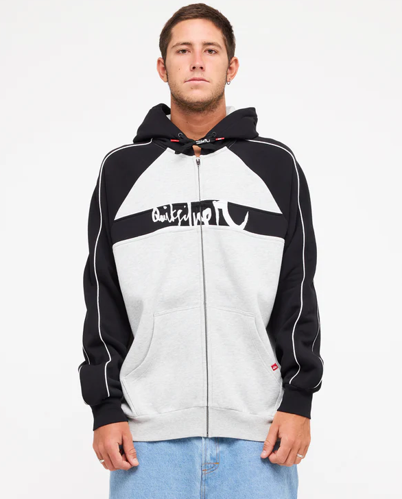 Quiksilver YG Operator Zip Hoodie
 in light grey heather with black detailing from front close up