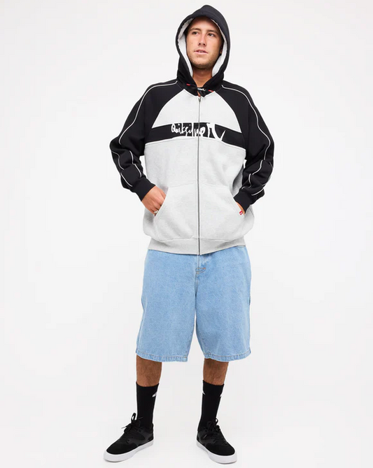 Quiksilver YG Operator Zip Hoodie
 in light grey heather with black detailing from front on model in blue jorts