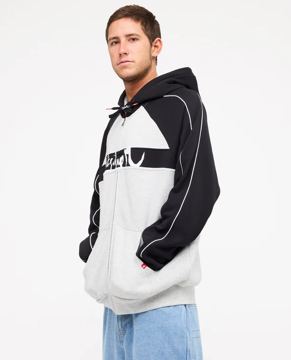 Quiksilver YG Operator Zip Hoodie
 in light grey heather with black detailing from side close up