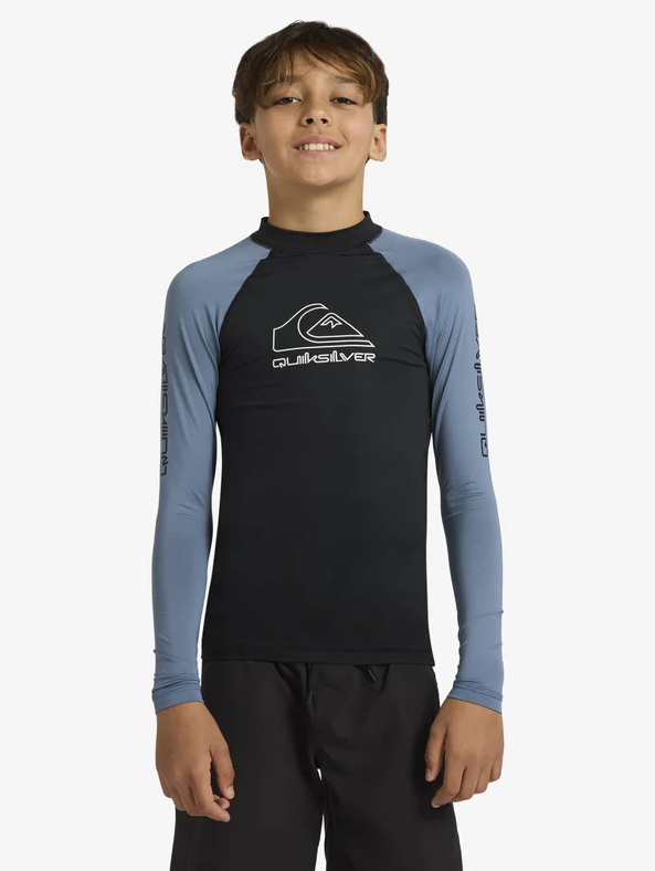 Quiksilver On Tour Long Sleeve Youth Rash Top in india ink colourway from front