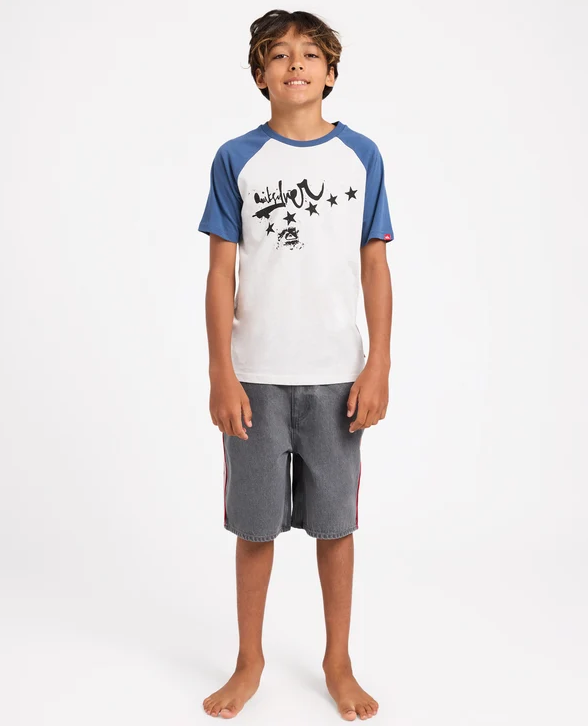 Quiksilver Youth System 19" Denim Shorts in dark smoke colourway on model in quiksilver tee