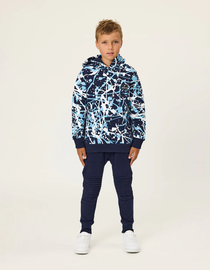 Radicool Blue Splatter Boys Hoodie in colour blue splatter on model front veiw