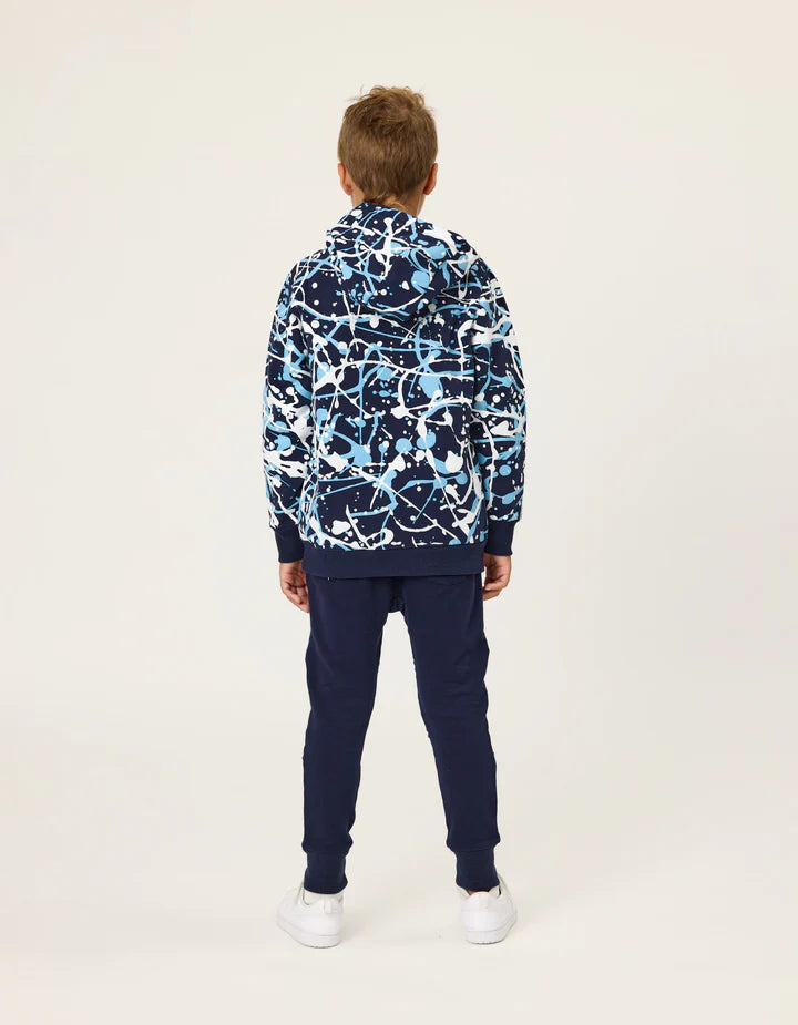 Radicool Blue Splatter Boys Hoodie in colour blue splatter on model back veiw