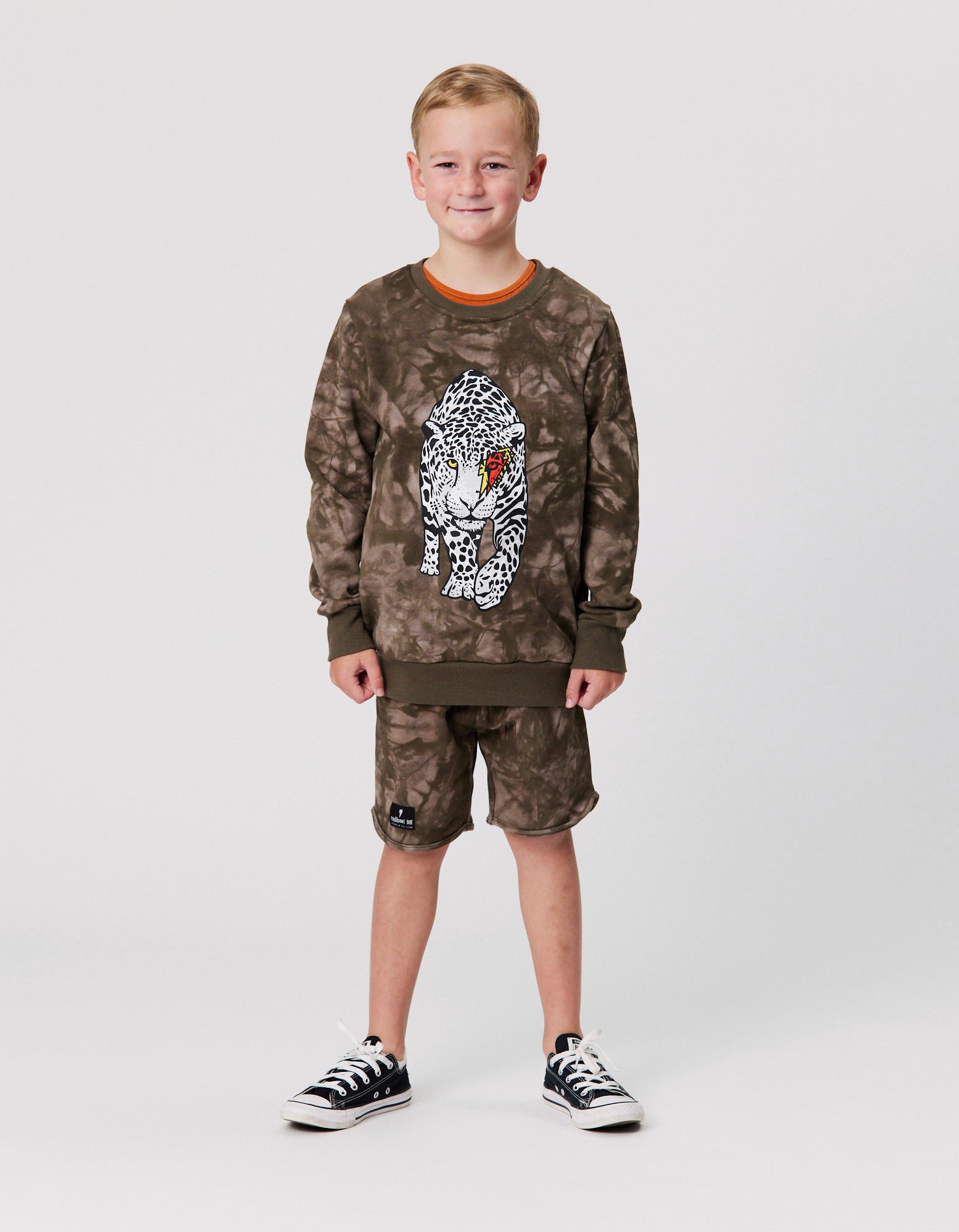 Radicool Kids Big Cat Tie Dye Crew in olive tie dye colour on model from front