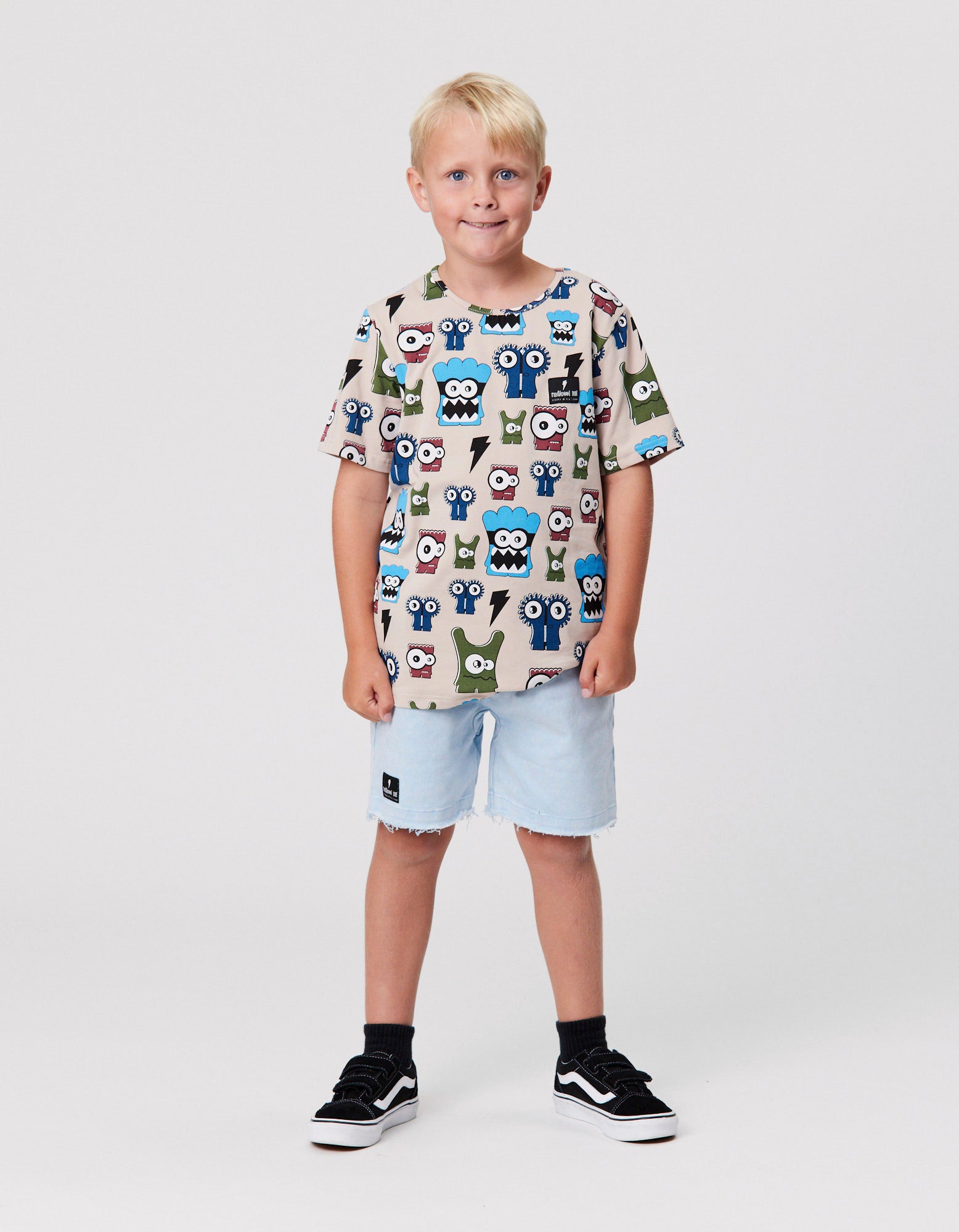 Radicool Kids Crazy Crew Tee with monster print on model from front