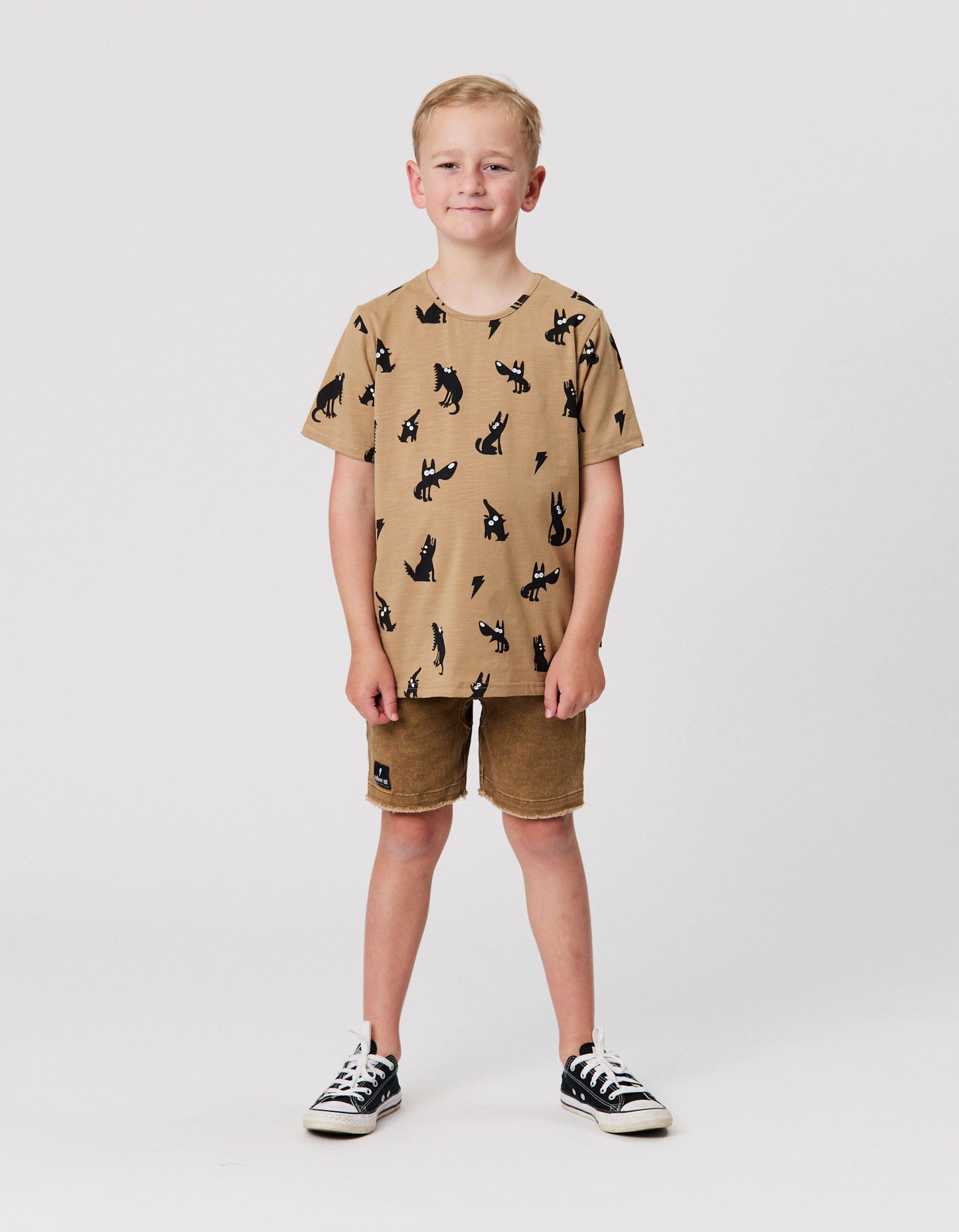 Radicool Kids Tundra Denim Shorts in khaki colour on model from front