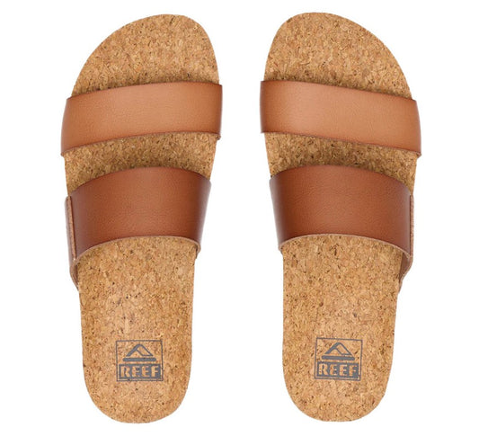 Reef Cushion Vista Cork Sandals in espresso colourway with cork footbed showing pair from above