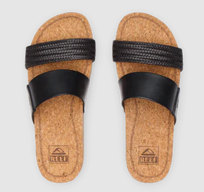 Reef Cushion Vista Hi Tx Sandals in black with natural colourway showing a pair from above