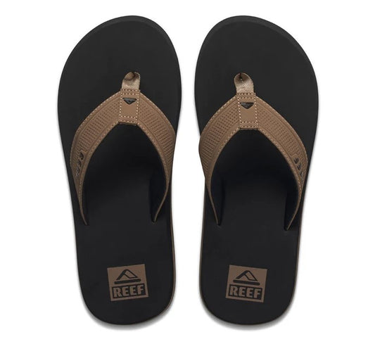 Reef Layback Mens Jandals in black with tan straps showing a pair form above