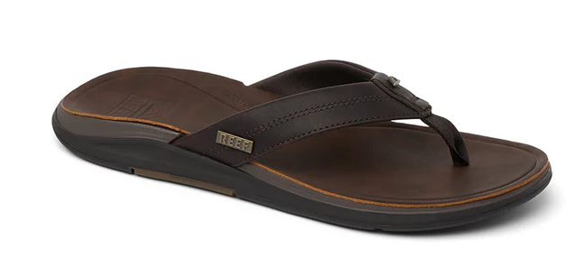 Reef Leather Offshore Men's Premium Jandals in dark brown showing one sandal from the side