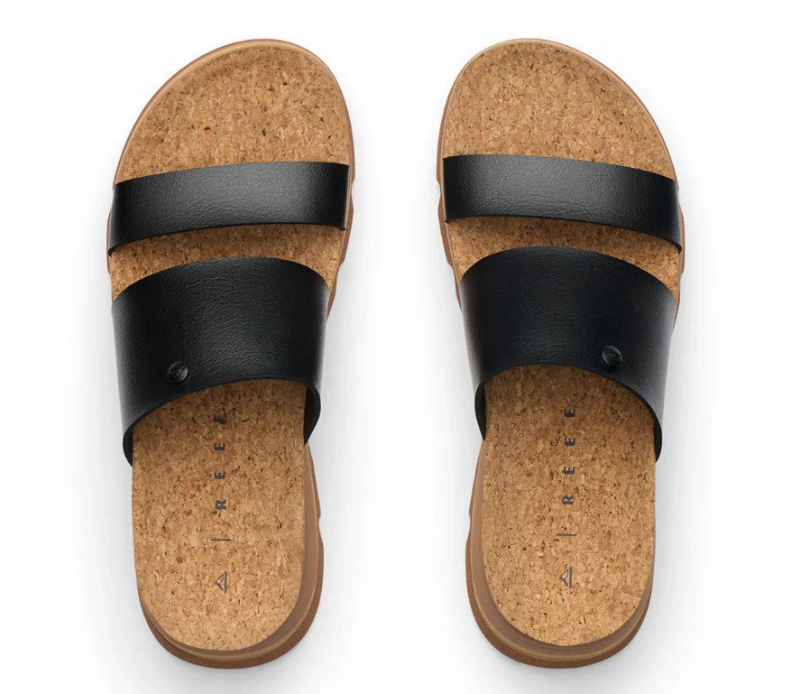 Reef Vista Luxe Siaa Sandals  in black and tan colourway showing pair from above