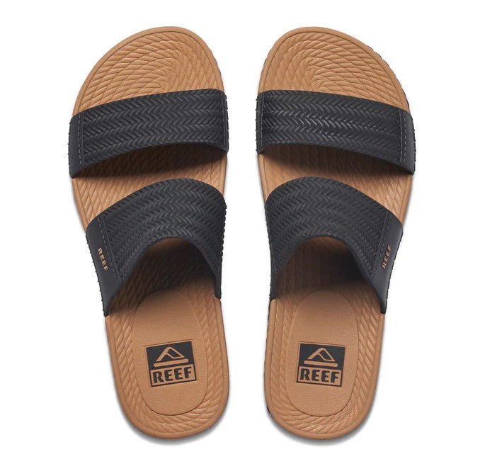 Reef Water Vista Womens Slides  in black and tan showing a pair from above