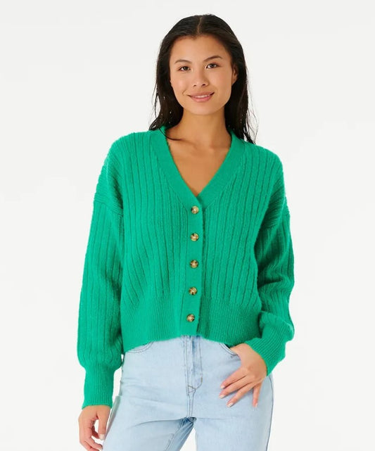 Rip Curl Afterglow Cardi - Win23 green V neeck cardigan with green marble buttons 