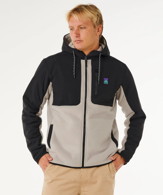 Rip Curl Anti-Series Paneled Z-Thru Hoodie in black and stone colourway on model from front