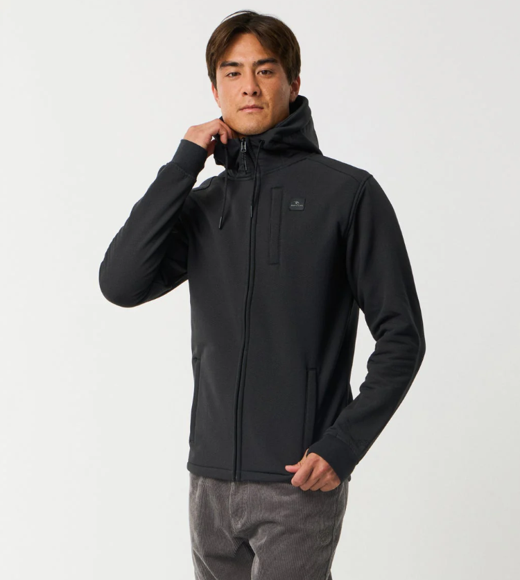 Rip Curl Anti-Series Viral Zip Thru Hoodie in black on model from front view close up