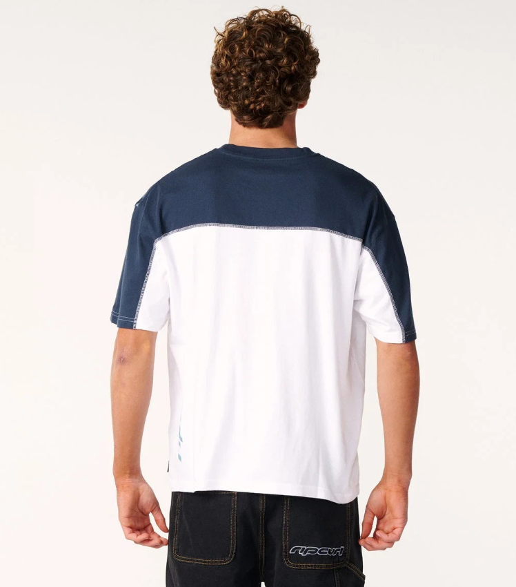 Rip Curl Archive Thrashed Panel Men's T-Shirt in white with blue shoulder panel on model from the rear