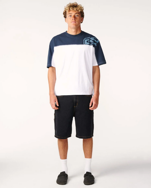 Rip Curl Archive Thrashed Panel Men's T-Shirt in white with blue shoulder panel on model from the front