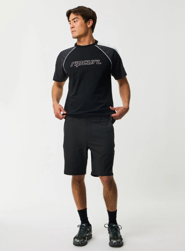 Rip Curl Boardwalk Phase 19" Amphibian Shorts in black from front on model in Rip Curl t-shirt