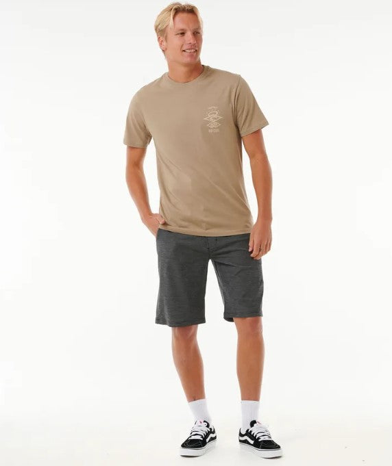 Rip Curl Boardwalk Phase 21" Amphibious Shorts in black colourway on model in khaki tee