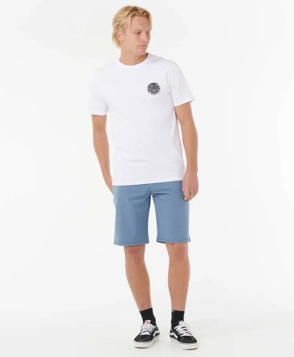 Rip Curl Boardwalk Phase 21" Amphibious Shorts in bluefin colourway on model in white t-shirt