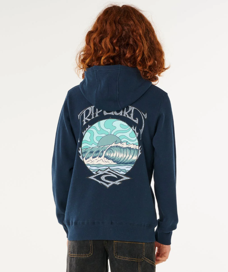 Rip Curl Boys Hazey Days Zip Thru Hoodie in dark navy on model from rear