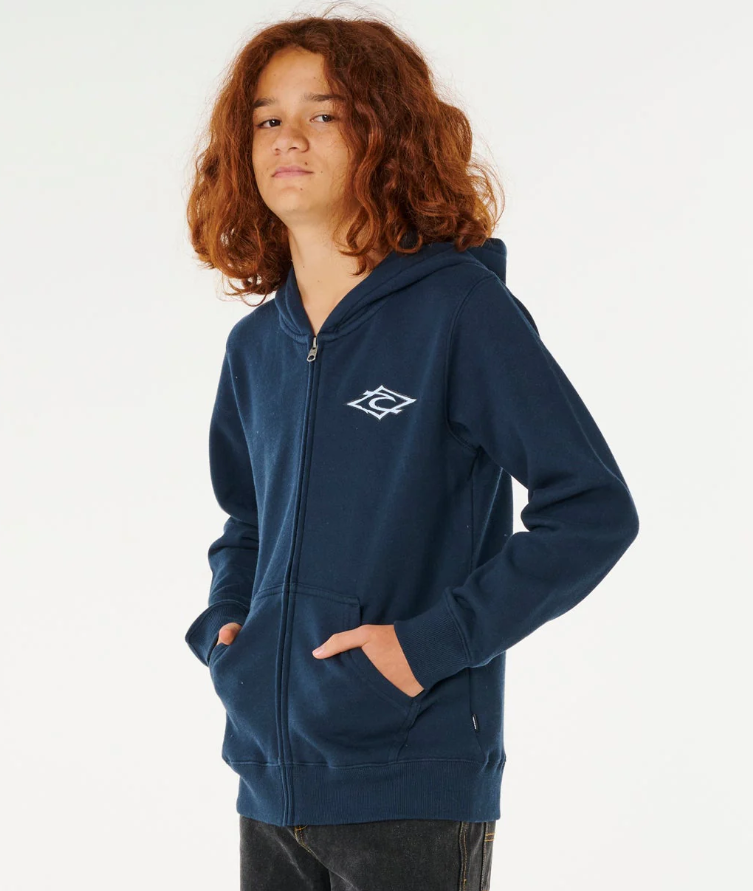 Rip Curl Boys Hazey Days Zip Thru Hoodie in dark navy on model from side front view