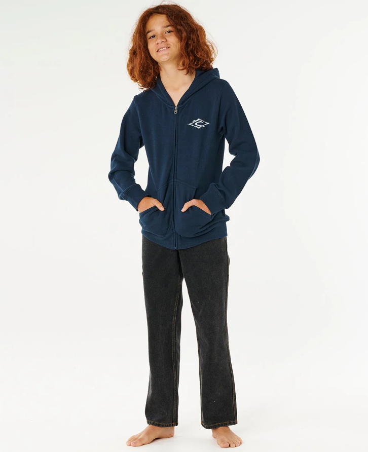 Rip Curl Boys Hazey Days Zip Thru Hoodie in dark navy on model from front