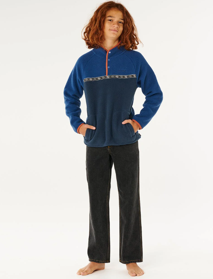 Rip Curl Boys Heritage Polar Fleece in light navy on model from front