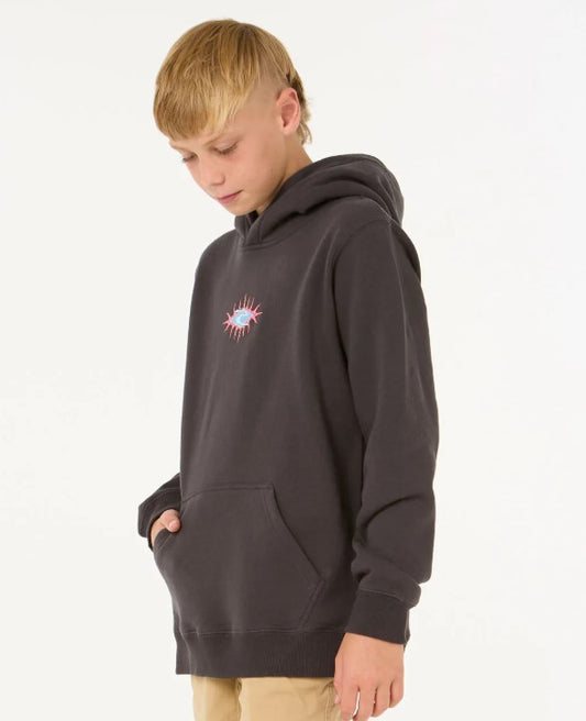 washed black boys hoodie with front pocket & red blue rip curl logo on middle front 