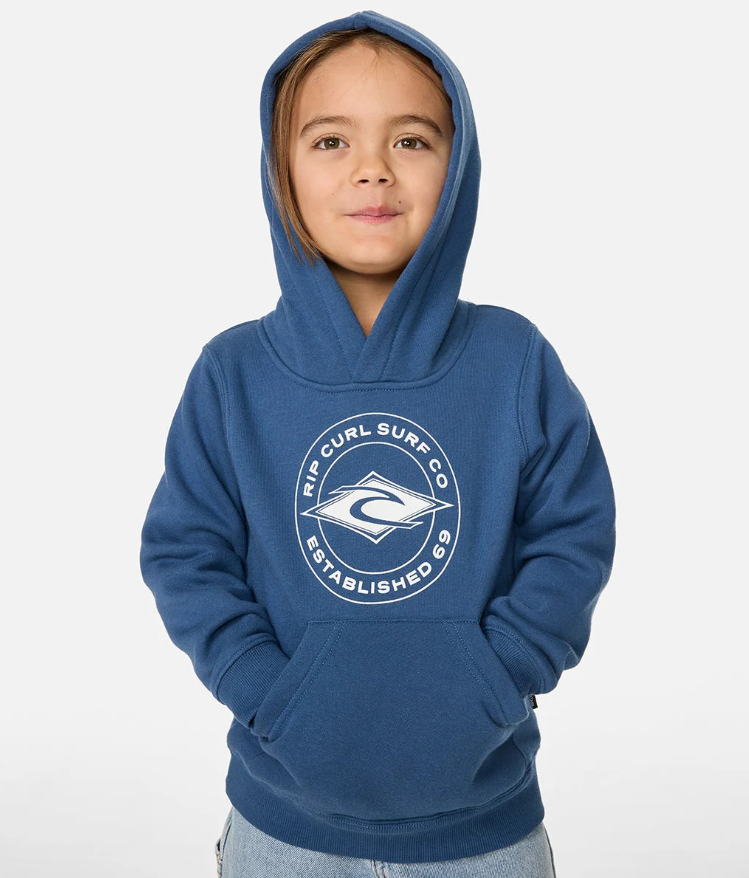 Rip Curl Boys Stapler Hoodie in light navy on model wearing hood up from front