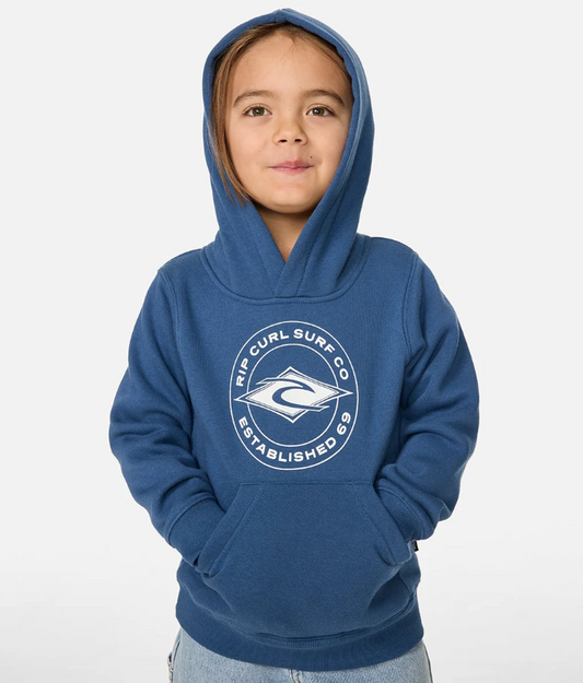 Rip Curl Boys Stapler Hoodie in light navy on model wearing hood up from front