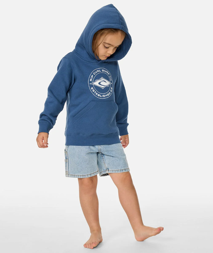 Rip Curl Boys Stapler Hoodie in light navy on model from side angle with hood on