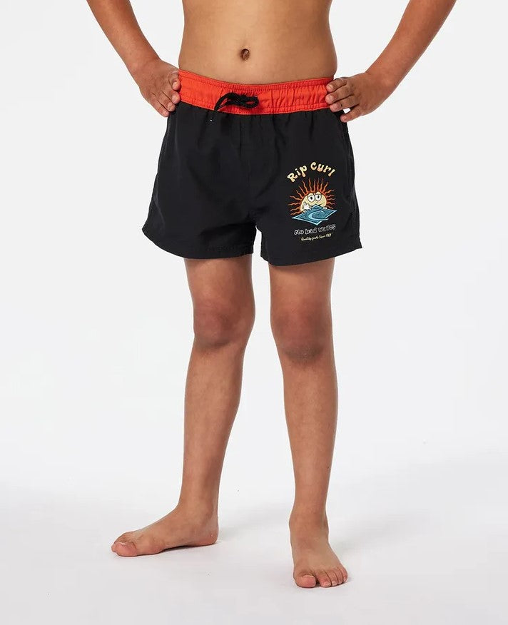 Rip Curl Boys Sun Shaka Volley Shorts in washed black with red waist band