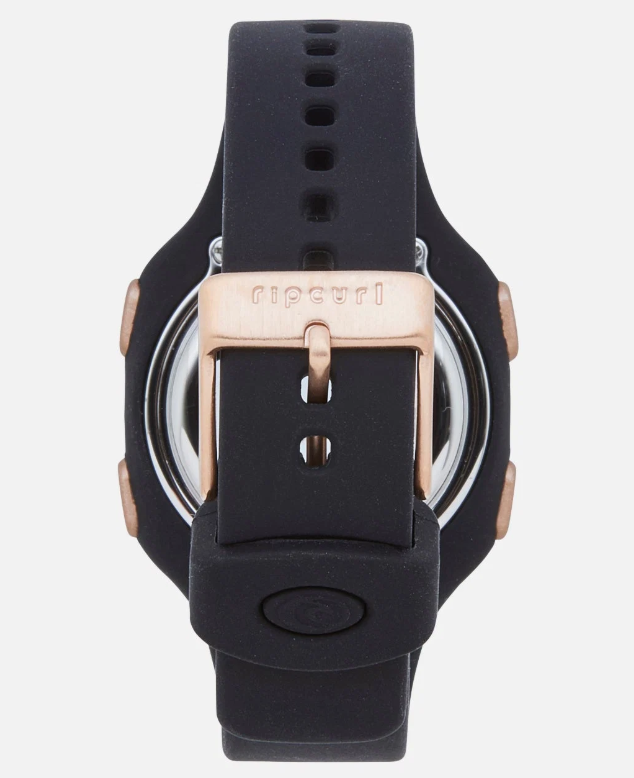 Rip Curl Candy 2 Silicone Digital Watch in black and rose gold showing buckle angle