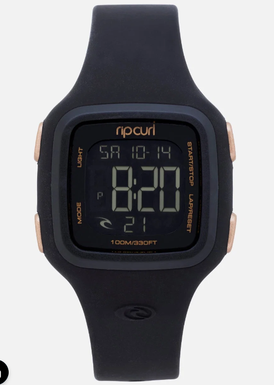 Rip Curl Candy 2 Silicone Digital Watch in black and rose gold showing watch face