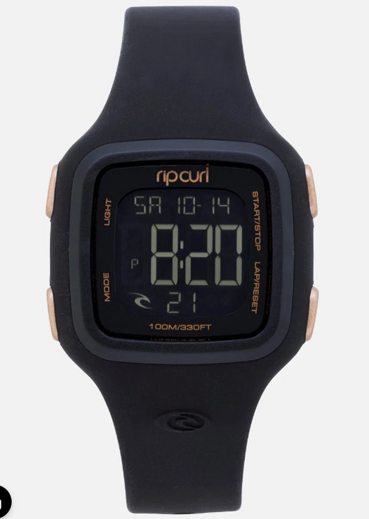 Rip Curl Candy 2 Silicone Digital Watch in black and rose gold showing watch face