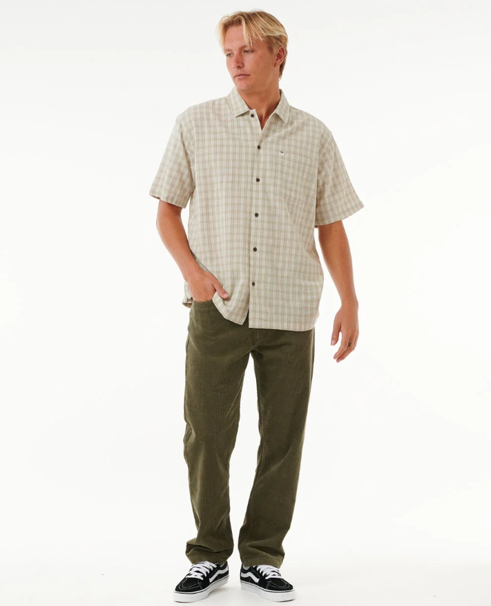 Rip Curl Classic Surf Check Short Sleeve Shirt in bone colourway on model in olive coloured trousers from the front